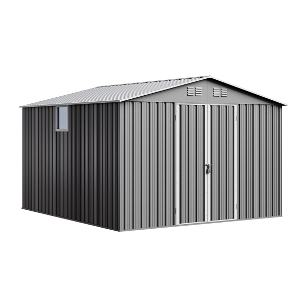 Domek ogrodowy narzędziowy metalowy NORDVIC Thor 283x313 cm - uchylne Drzwi, Ocynkowany, Dwuspadowy Dach, Wentylacja, Light Grey